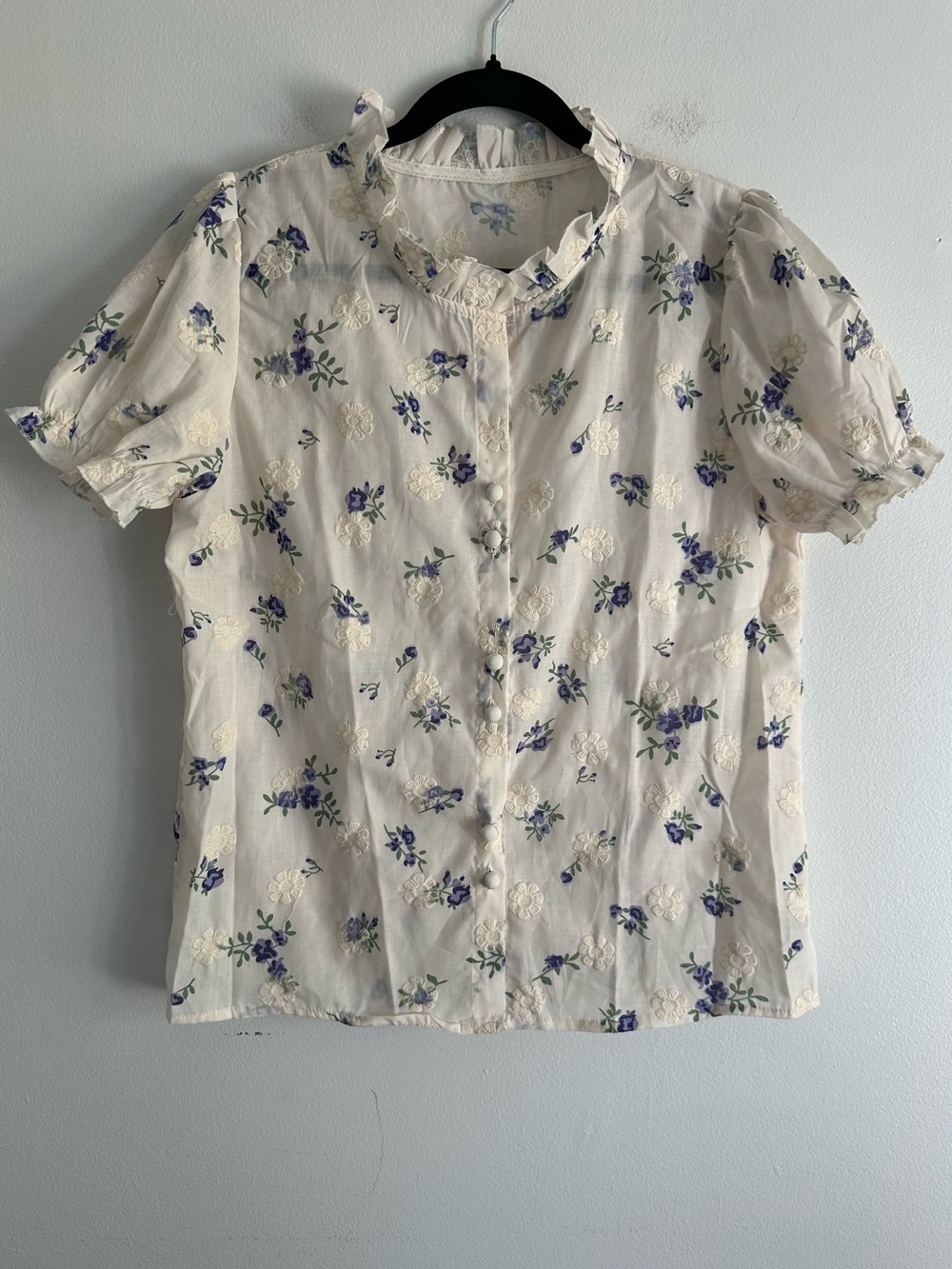Bohemian Ruffled Neck Floral Button-Front Blouse - Cream with Blue Floral Small